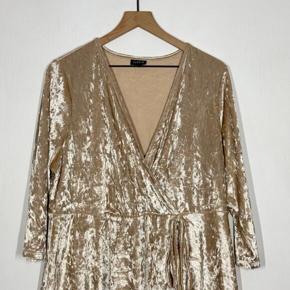 Torrid Mini Wrap Dress 2X Tan Surplice V-Neck Crushed Velvet Tie Waist Elegant - Picture 4 of 11